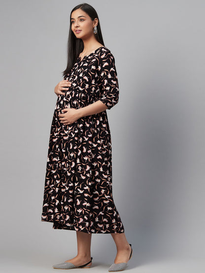 Dhiyona AY Women's Black & Off-White Printed Maternity A-Line Dress