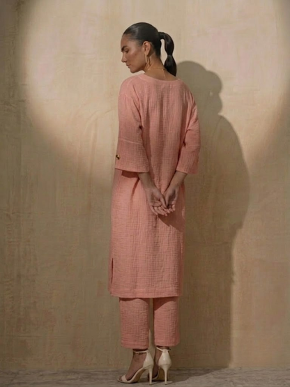 Dhiyona ST 2 pc Set - Blush Pink Easy Addictive Travel Airflow Kurta and Pant Set