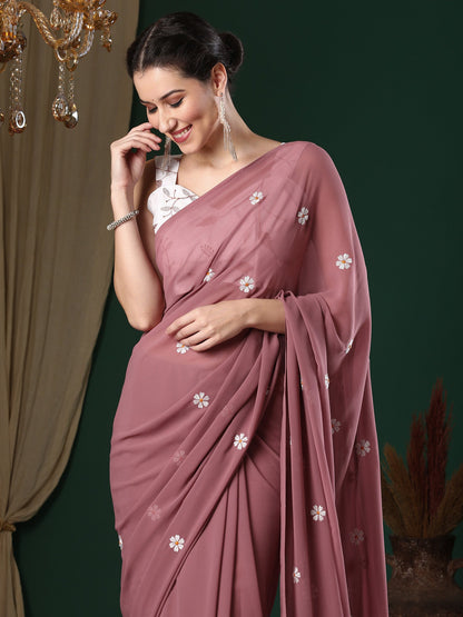 Women's Georgette Rose Gold Embroidered Designer Saree With Blouse Piece
