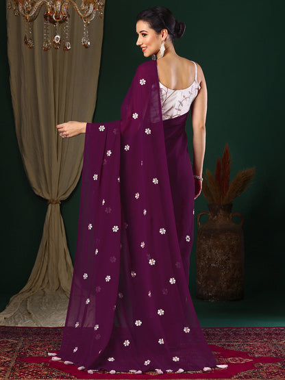 Women's Georgette Purple Embroidered Designer Saree With Blouse Piece