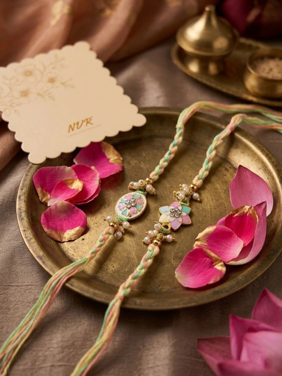 Dhiyona Set Of 2 Meenakari Floral Thread Rakhi With Roli Chawal Chandan Mishri