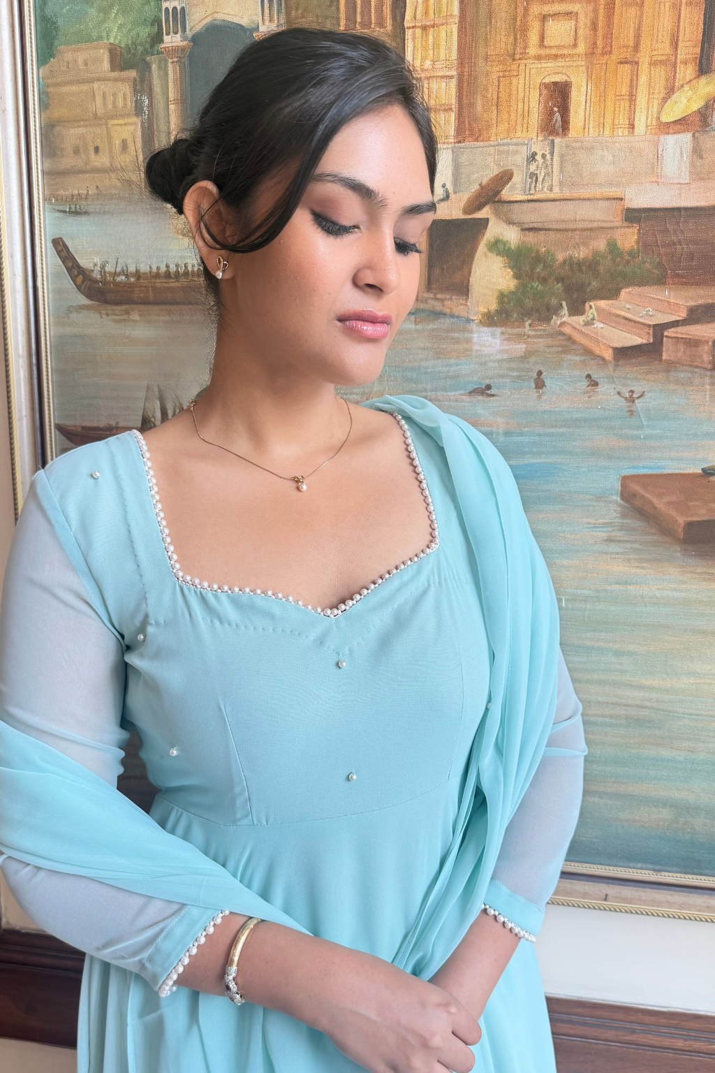 Dhiyona ST 3 pc Suit Set -Light Blue Georgette 3/4th Sleeve Anarkali with Pearls with Dupatta and Pants