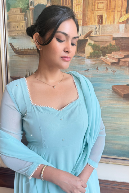 Dhiyona ST 3 pc Suit Set -Light Blue Georgette 3/4th Sleeve Anarkali with Pearls with Dupatta and Pants