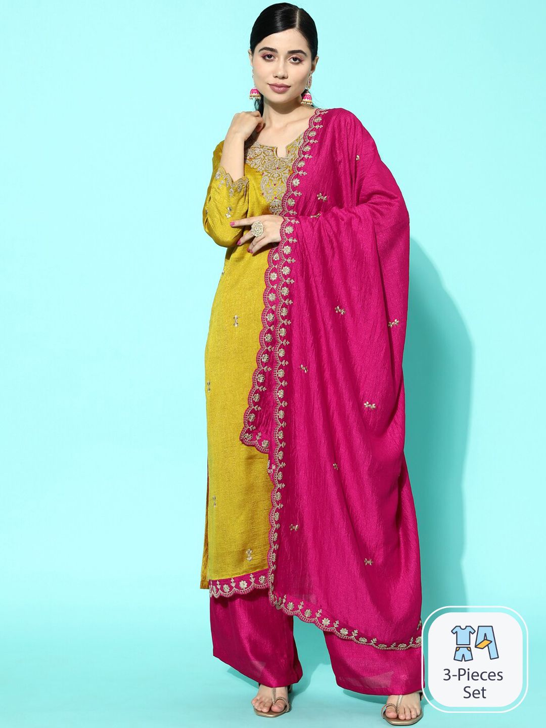Dhiyona SN Yellow & Pink Floral Sequinned Embroidered Straight Kurta With Palazzo & Dupatta