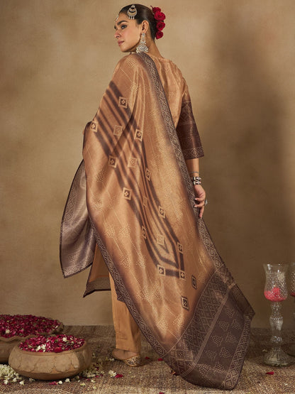 Dhiyona IE Floral Embroidered Embellished V-Neck Straight Kurta with Trouser And Dupatta