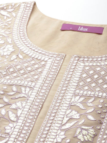 Dhiyona LL Floral Embroidered Zari Kurti with Palazzos & Dupatta
