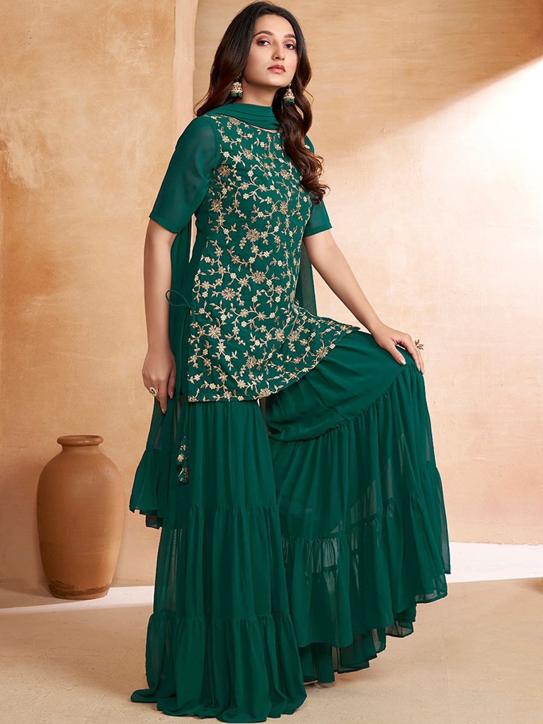 Dhiyona IN Floral Embroidered Kurta With Sharara & Dupatta
