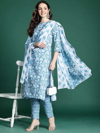 Floral Printed Pure Cotton Kurta with Trousers & Dupatta