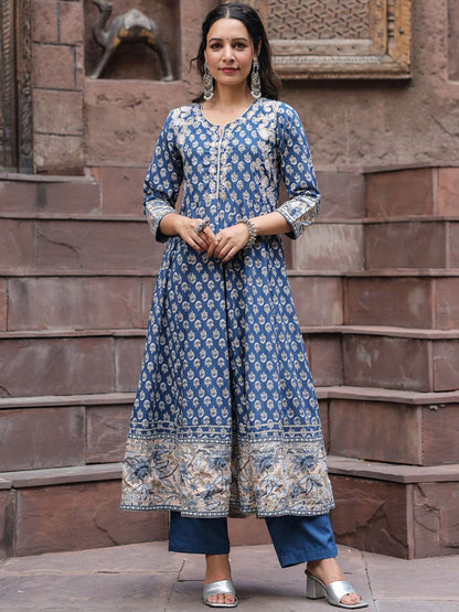 Dhiyona RR Women's Ethnic Motifs Printed Regular Sequinned Pure Cotton Kurta with Trousers & With Dupatta