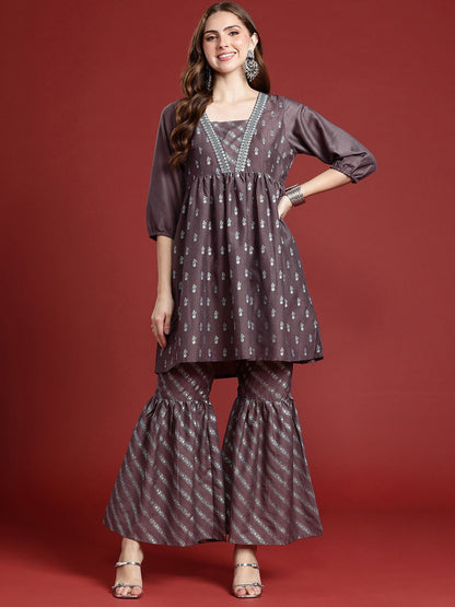 Dhiyona AN Floral Printed Regular Sequinned A-Line Kurti With Sharara