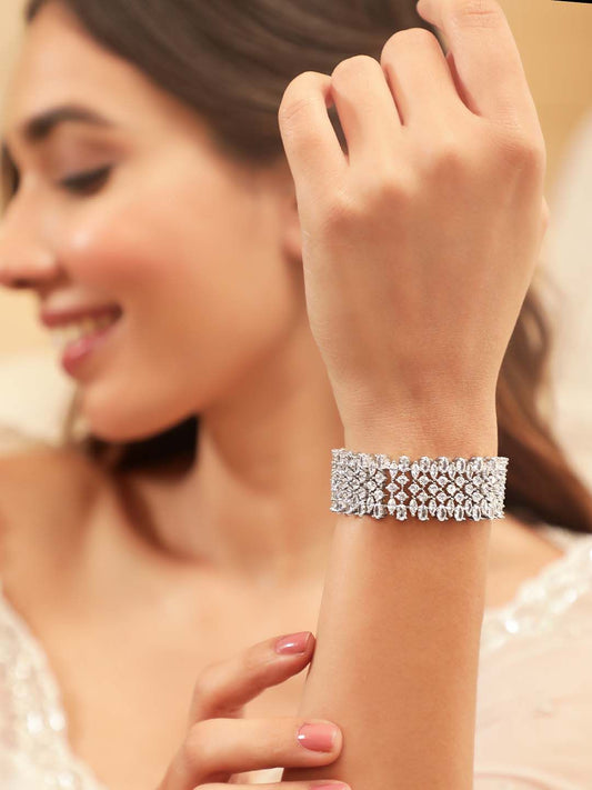 Dhiyona RJ Women's Brass Cubic Zirconia Rhodium-Plated Bangle-Style Bracelet