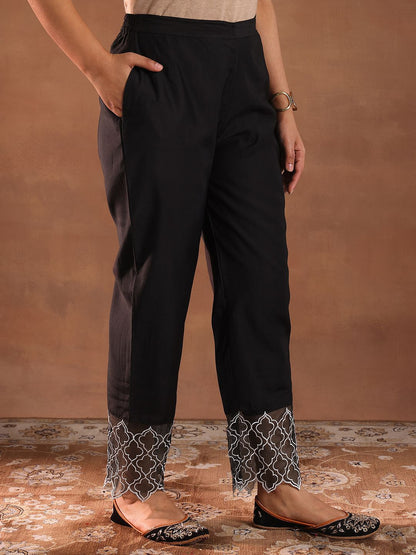 Round Neck Panelled Beads Work Straight Kurta With Trousers & Dupatta