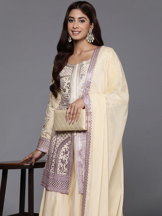 Dhiyona LL Floral Embroidered Zari Kurti with Palazzos & Dupatta