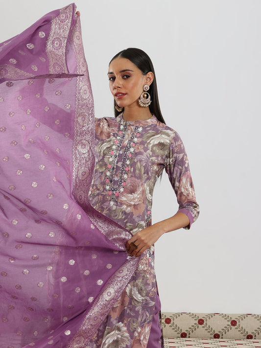 Floral Printed Mandarin Collar Thread Work Straight Kurta With Trouser And Dupatta