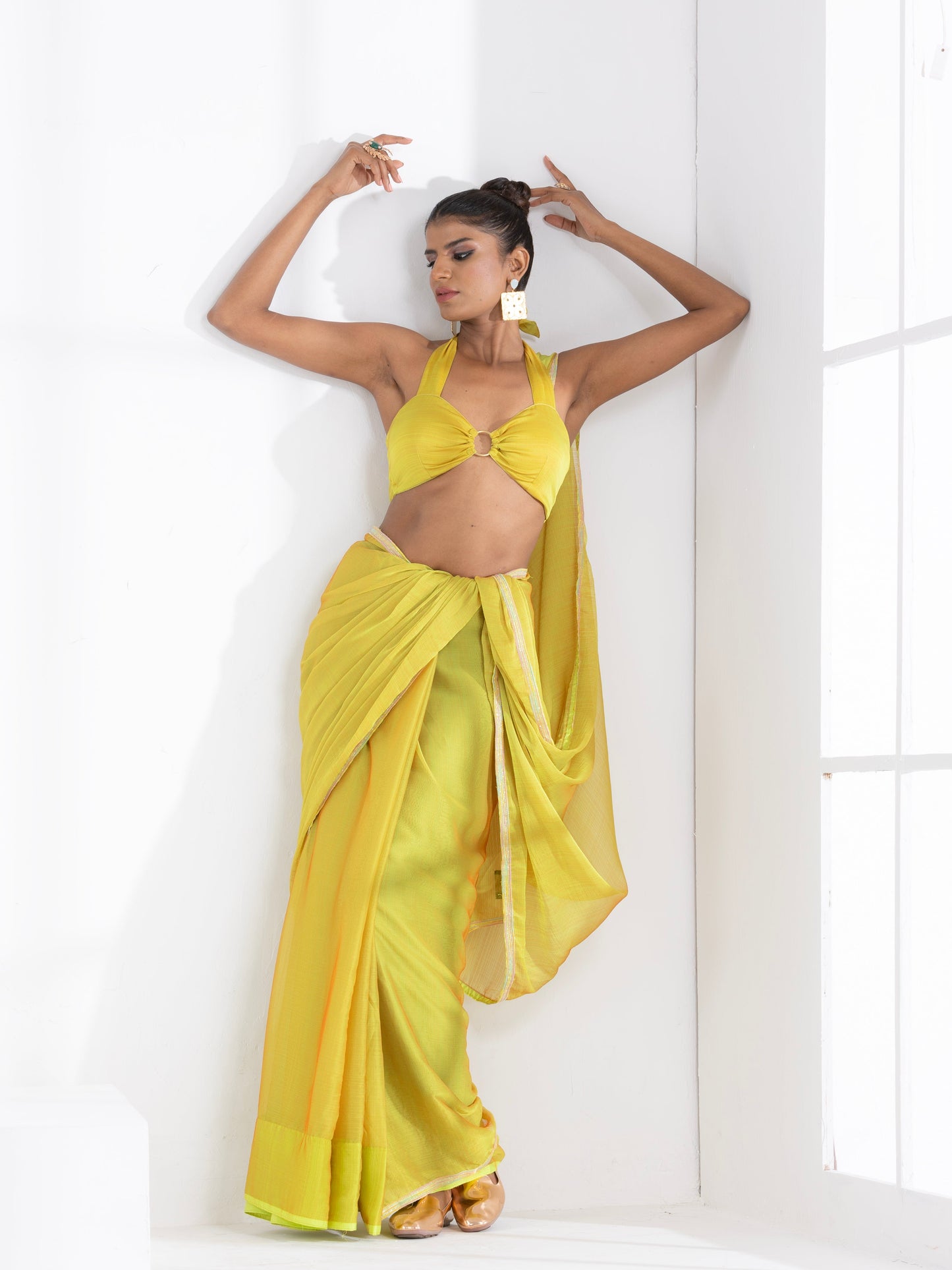 Dhiyona ST Lime and Lemony Chiffon Saree with Lace & Self Blouse Fabric