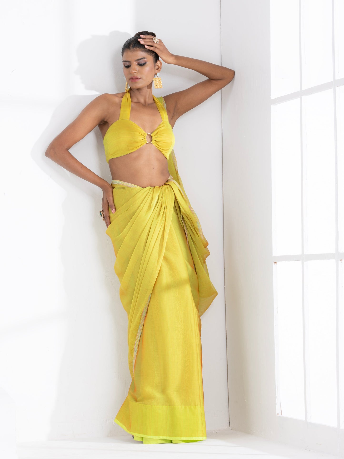 Dhiyona ST Lime and Lemony Chiffon Saree with Lace & Self Blouse Fabric