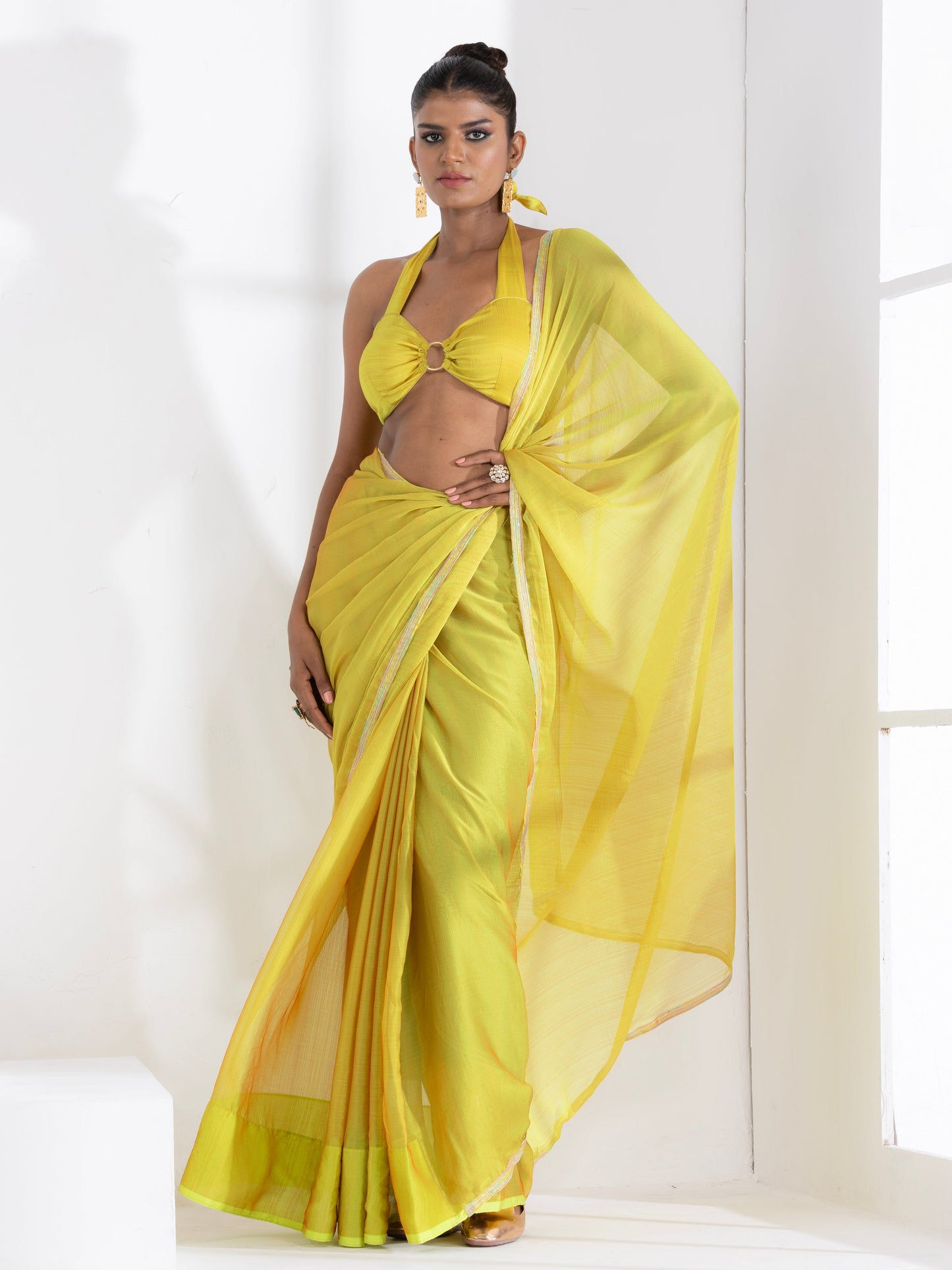 Dhiyona ST Lime and Lemony Chiffon Saree with Lace & Self Blouse Fabric