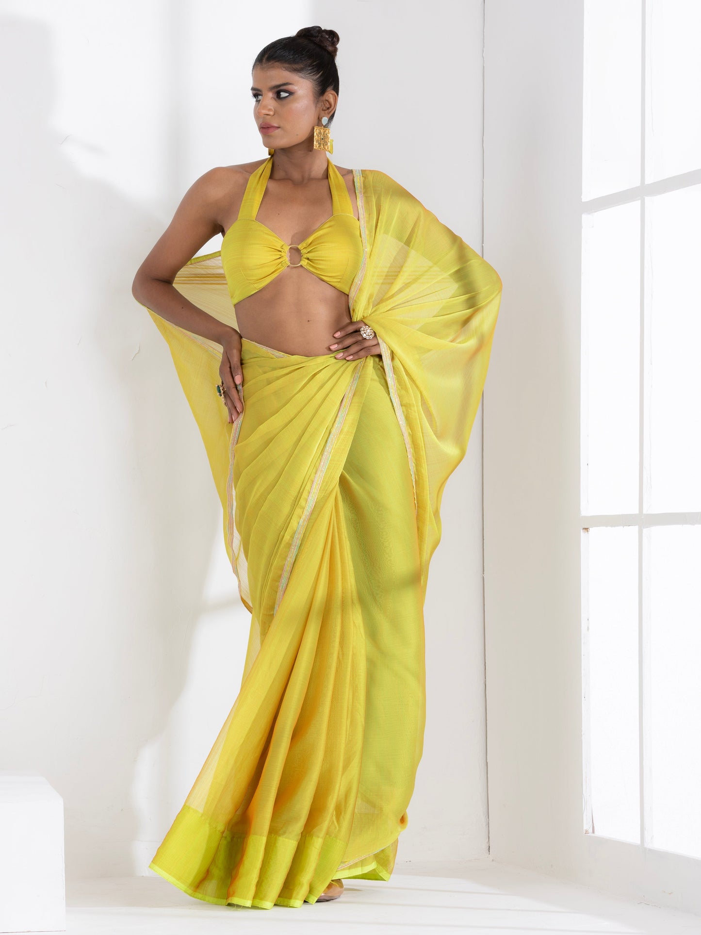 Dhiyona ST Lime and Lemony Chiffon Saree with Lace & Self Blouse Fabric