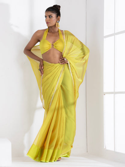 Dhiyona ST Lime and Lemony Chiffon Saree with Lace & Self Blouse Fabric