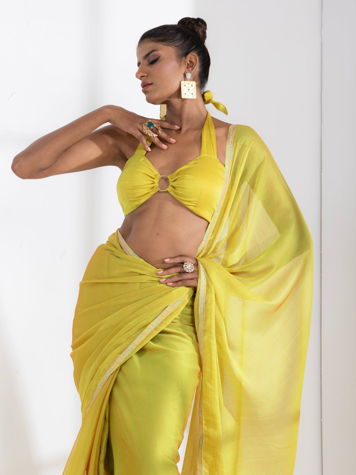 Dhiyona ST Lime and Lemony Chiffon Saree with Lace & Self Blouse Fabric