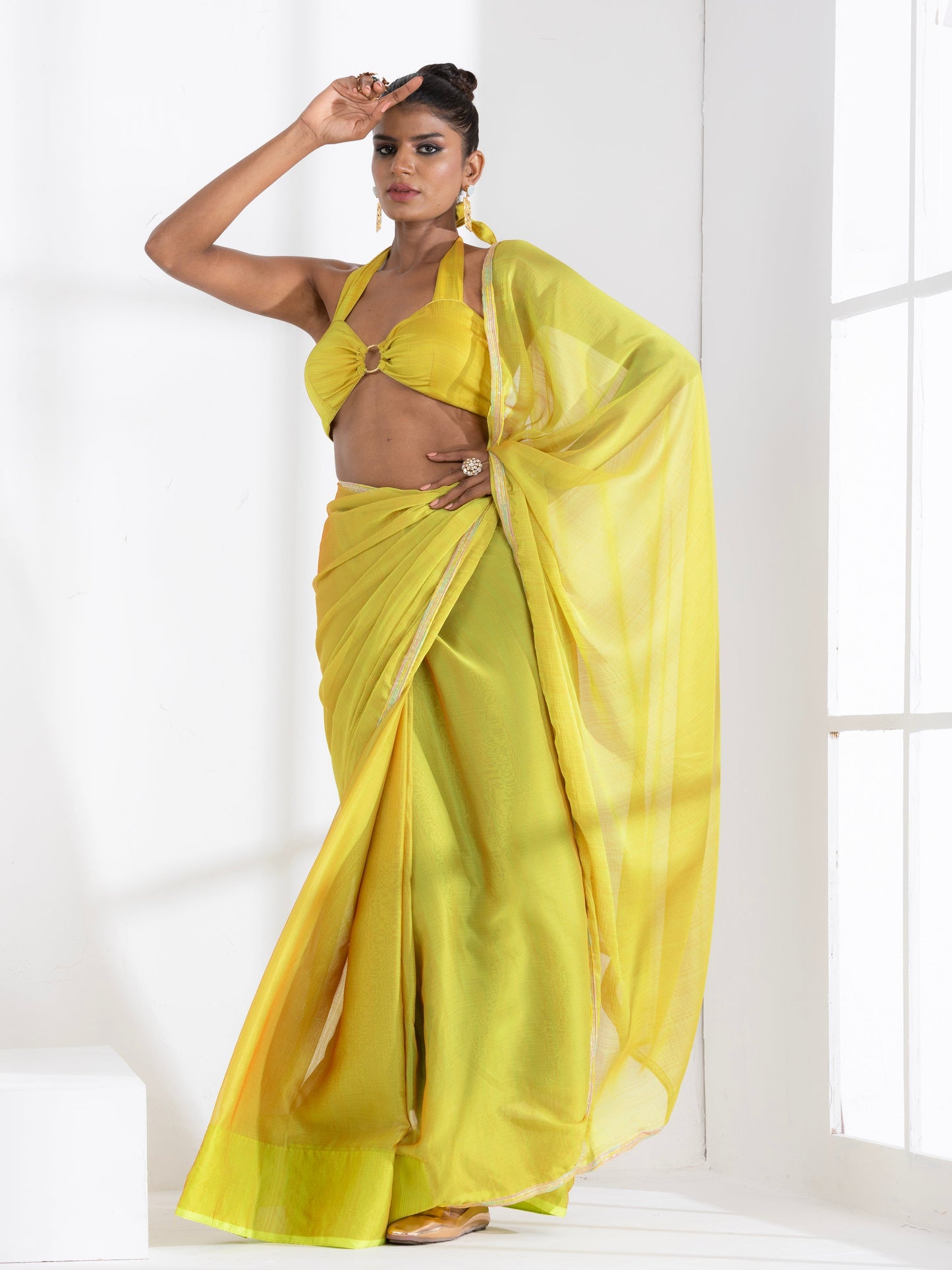 Dhiyona ST Lime and Lemony Chiffon Saree with Lace & Self Blouse Fabric