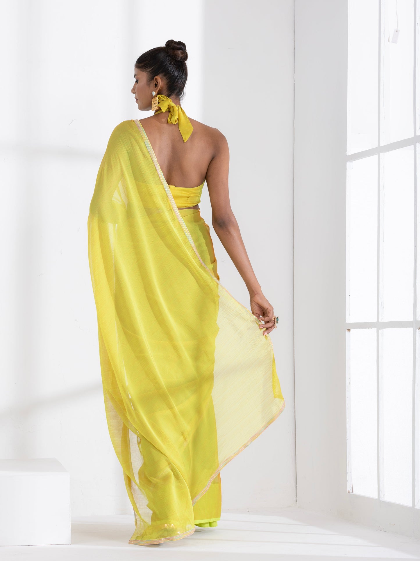 Dhiyona ST Lime and Lemony Chiffon Saree with Lace & Self Blouse Fabric