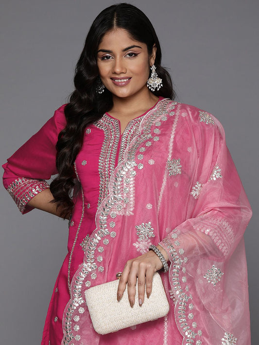 Dhiyona Women's Plus Size Ethnic Motifs Embroidered Gotta Patti Kurta with Trousers & Dupatta