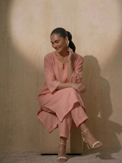 Dhiyona ST 2 pc Set - Blush Pink Easy Addictive Travel Airflow Kurta and Pant Set