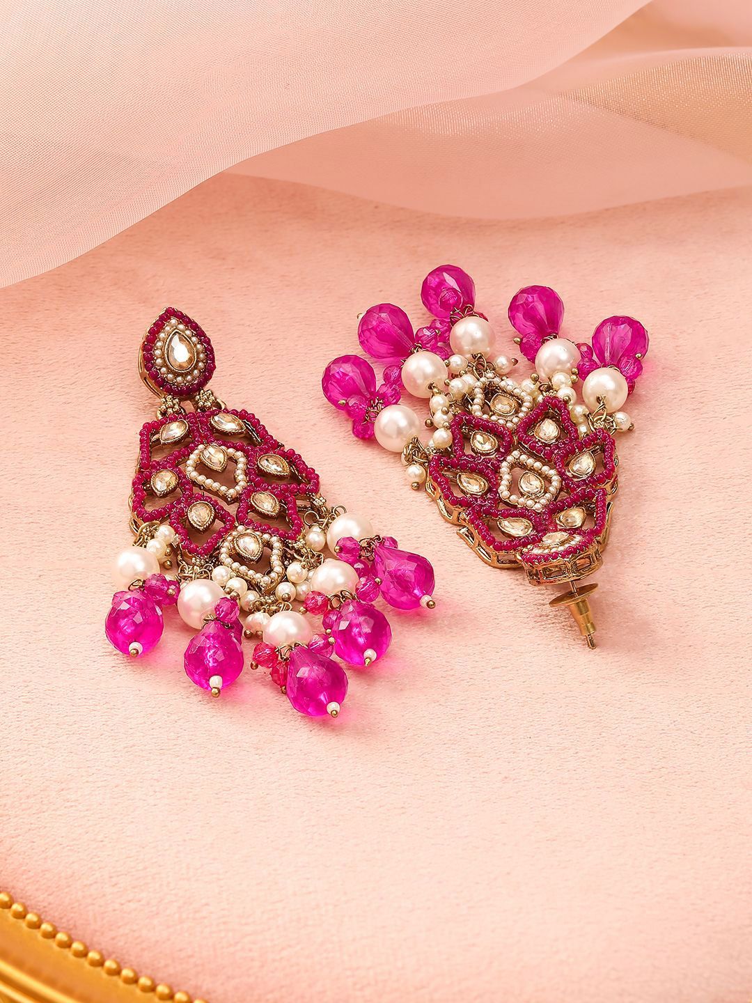 Dhiyona RJ Women's 22K Gold Plated Pink Stone & Kundan Studded Chandelier with Pearl & Bead Accents
