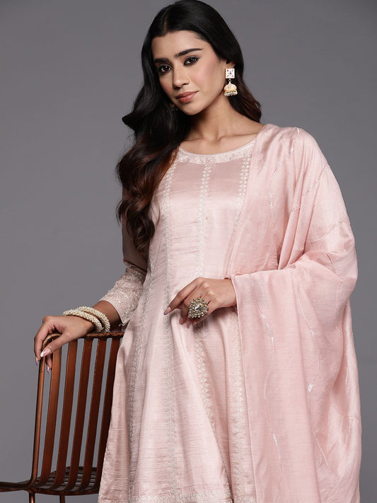 Dhiyona LL Womens Peach Embroidered Anarkali Kurta With Palazzos & Dupatta