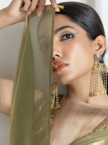 Dhiyona ST Wasabi Organza Chiffon Saree with Beads with Self Blouse Fabric