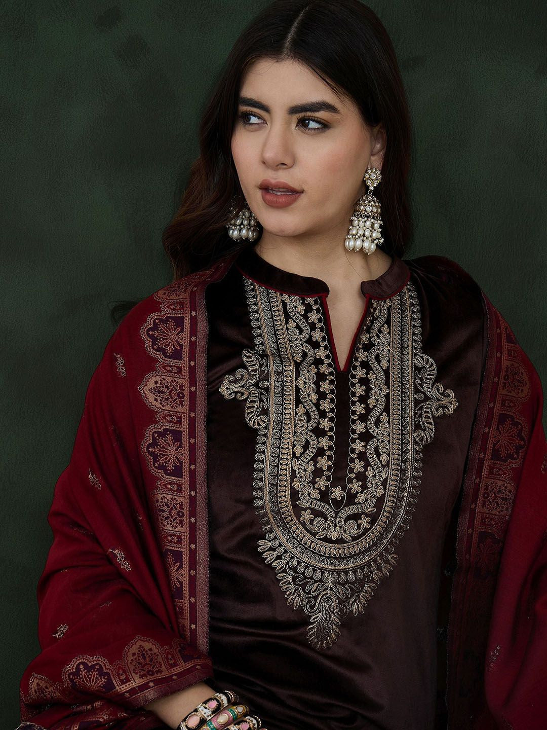 Dhiyona SN Coffee Brown Floral Embroidered Velvet Kurta With Trouser With Dupatta