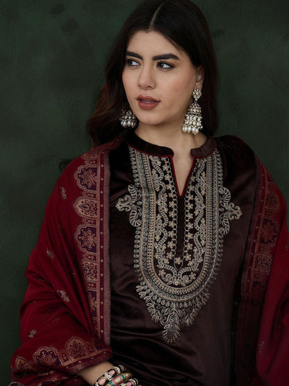 Coffee Brown Floral Embroidered Velvet Kurta With Trouser With Dupatta