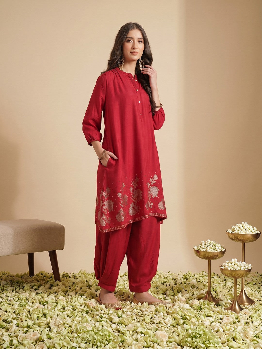 Dhiyona SN Floral Foil Print Mandarin Collar Regular A-Line Kurta with Salwar