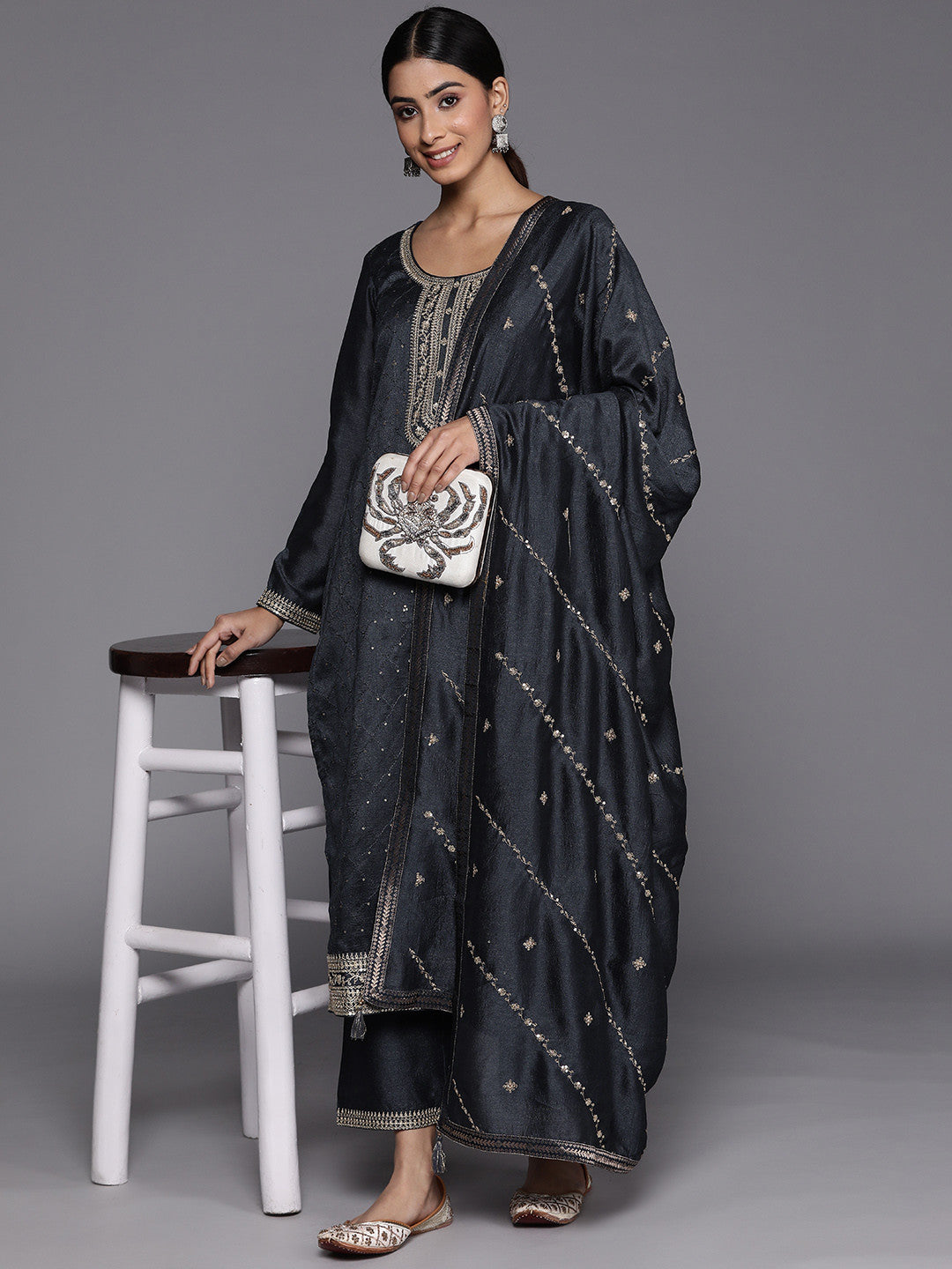Women Floral Embroidered Sequinned Kurta With Trousers & Dupatta