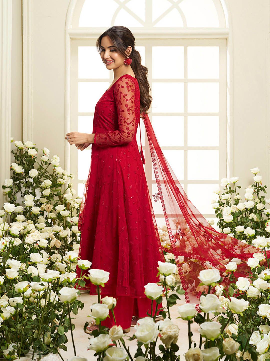 Dhiyona IN Floral Embroidered Round Neck Sequinned Anarkali Kurta With Palazzos & Dupatta