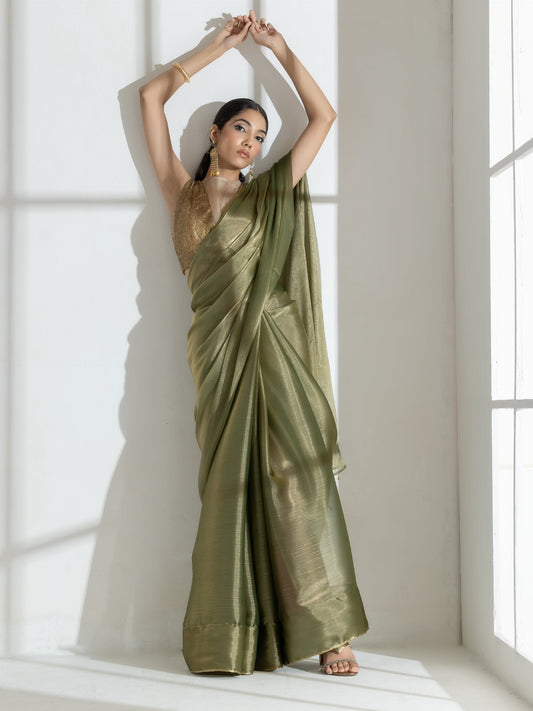 Dhiyona ST Wasabi Organza Chiffon Saree with Beads with Self Blouse Fabric