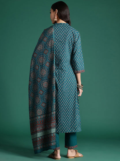Dhiyona IE Ethnic Motifs Printed Pure Cotton Kurta With Trousers & Dupatta