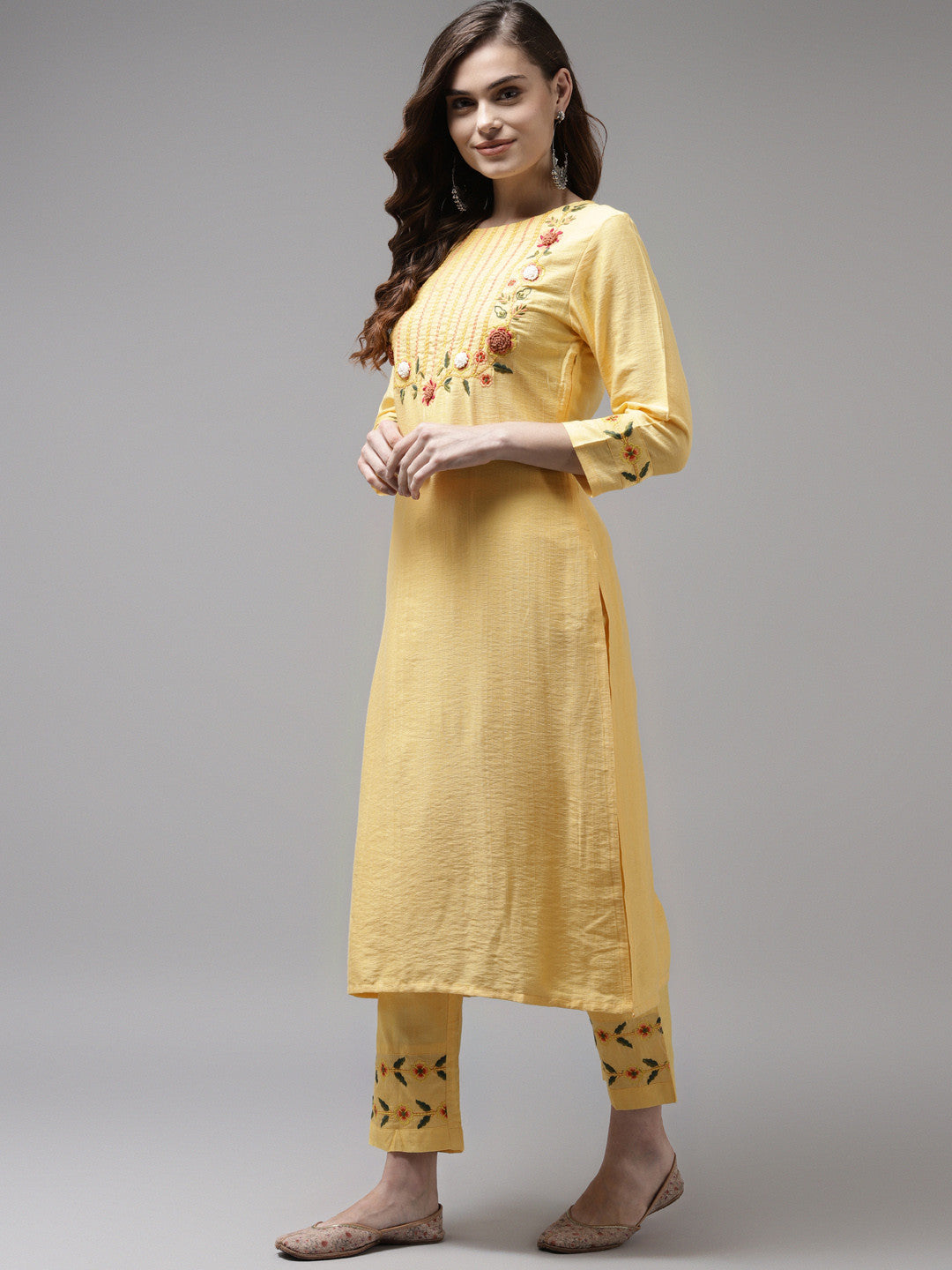 Women Yellow Floral Yoke Design Regular Kurta with Trousers & With Dupatta
