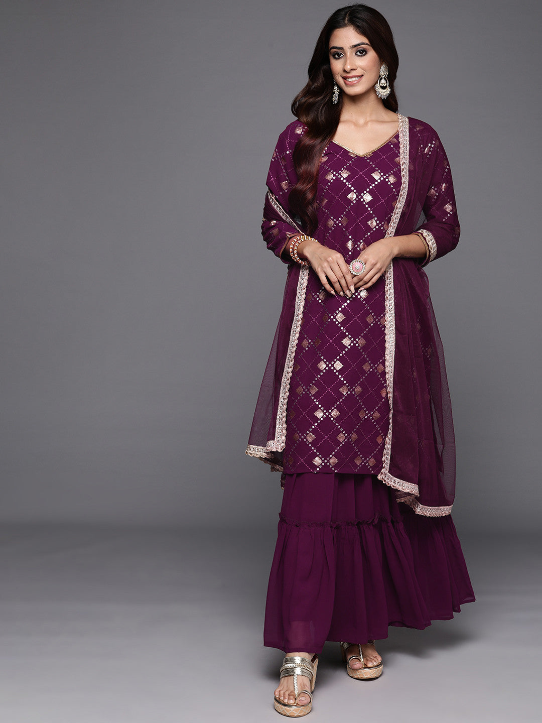 Women Embroidered Regular Sequined Kurta with Sharara & Dupatta