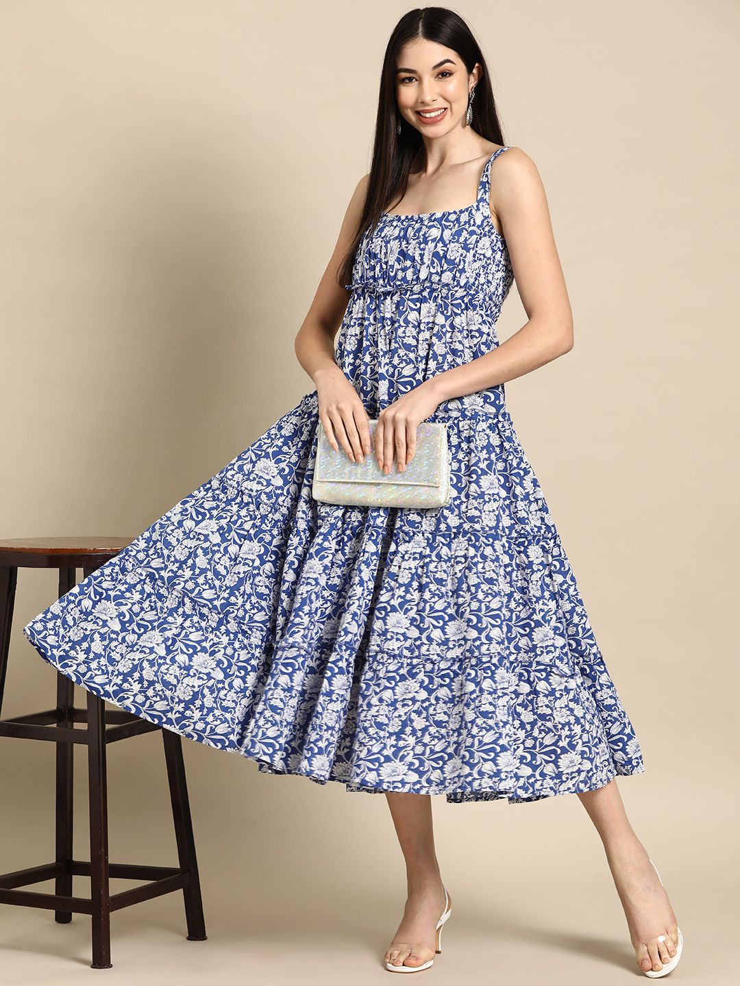 Dhiyona AY Women's Floral Print Pure Cotton Tiered Midi Ethnic Dress
