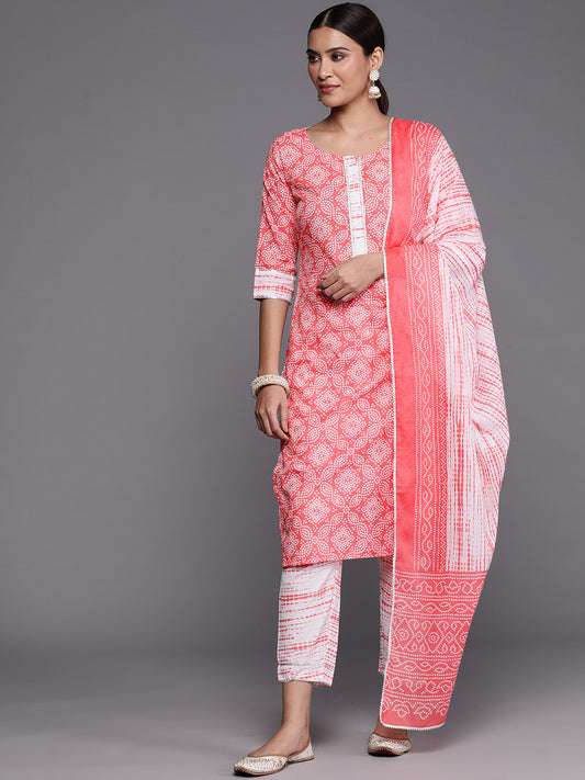 Women Peach-Coloured Bandhani Printed Gotta Patti Pure Cotton Kurta with Trousers & With Dupatta