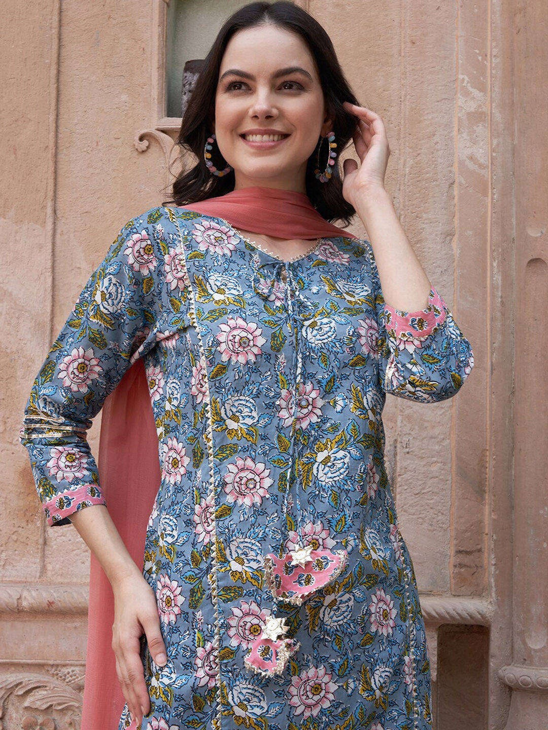 Blue Floral Printed Gotta Patti Pure Cotton Kurta with Trousers & Dupatta