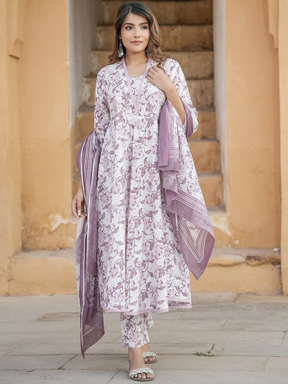 Dhiyona KL Floral Printed V-Neck Thread Work Anarkali Cotton Kurta with Trousers & Dupatta