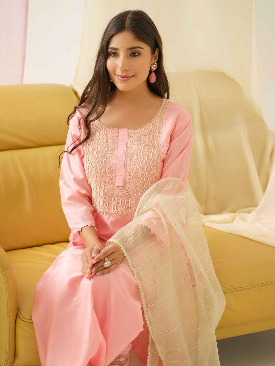 Dhiyona IS Women's Ethnic Motifs Yoke Design Beads and Stones Kurta with Trousers & Dupatta