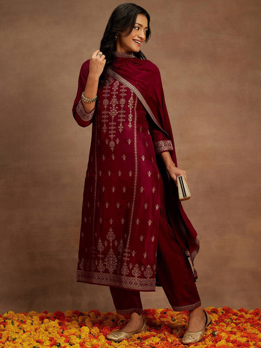 Burgundy Floral Woven Design Straight Kurta with Trousers & Dupatta
