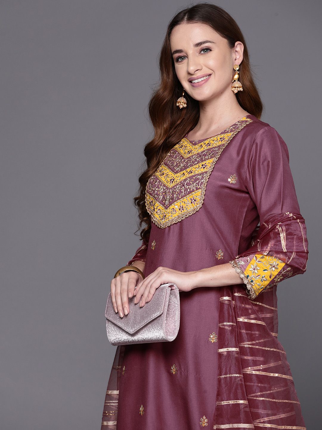 Dhiyona IE Embroidered Regular Sequinned Kurta with Trousers & Dupatta