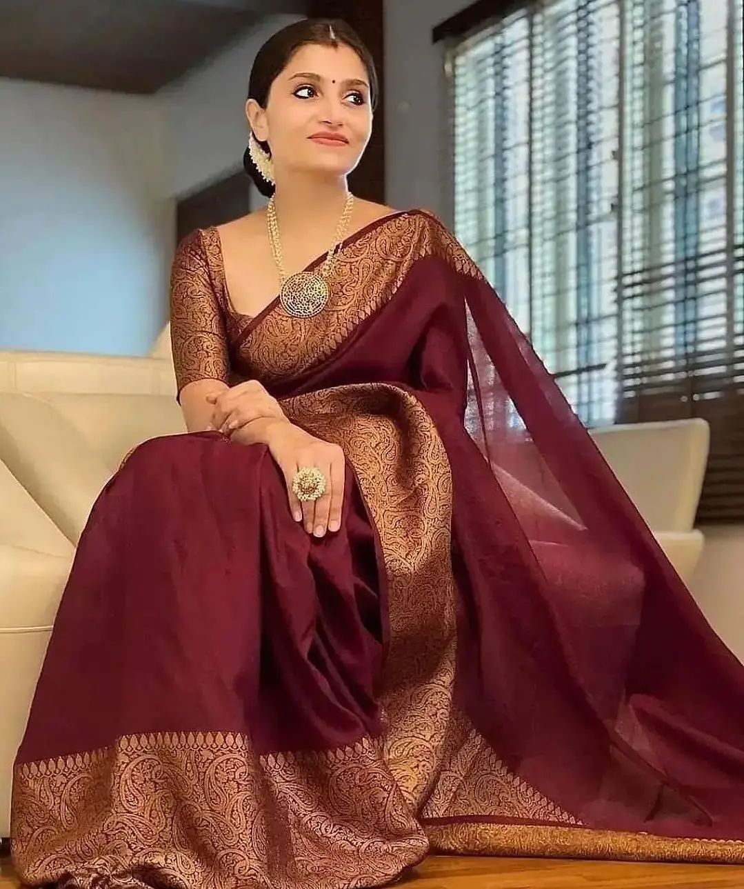 Dhiyona HH Maroon Red Banarasi Woven Soft Saree with Antique Zari Border & Pallu