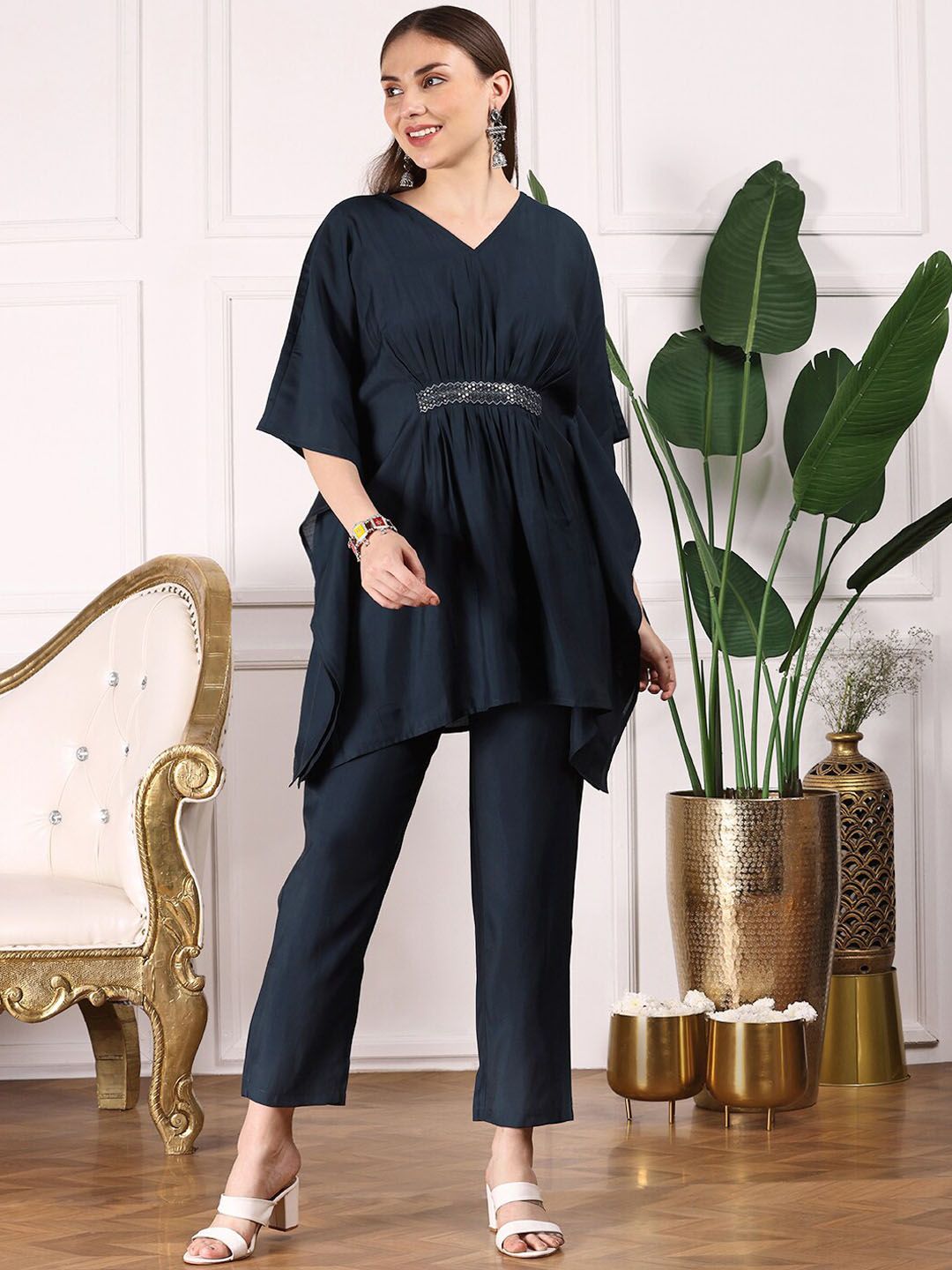 Dhiyona IS Women's Navy Blue Kimono Sleeve Asymmetric Kaftan Kurti with Trousers