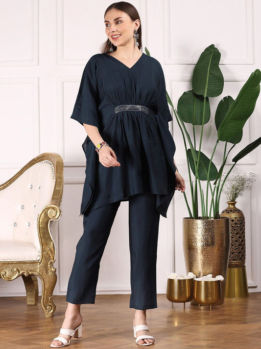 Dhiyona IS Women's Navy Blue Kimono Sleeve Asymmetric Kaftan Kurti with Trousers